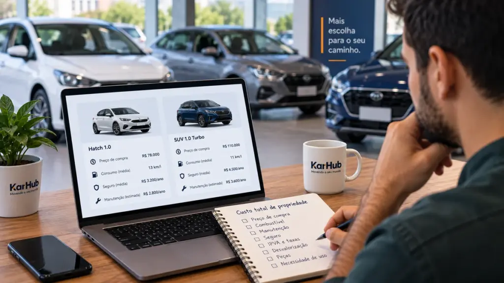 Motorista comparando custo total de propriedade entre diferentes carros