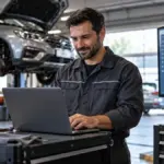Profissional de oficina mecânica analisando marketing digital e desempenho online