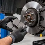 Pastilhas de freio cerâmicas sendo instaladas em sistema de freio a disco
