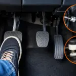 Pedal de embreagem de carro com detalhes do cabo e sistema hidráulico de acionamento
