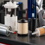 Diferentes tipos de filtro de combustível automotivo em bancada de oficina