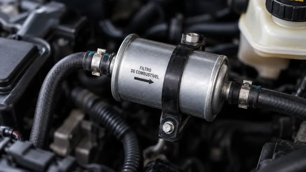 Filtro de combustível automotivo instalado no sistema de alimentação do motor