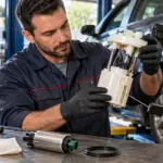 Mecânico inspecionando módulo da bomba de combustível ao lado de um carro na oficina
