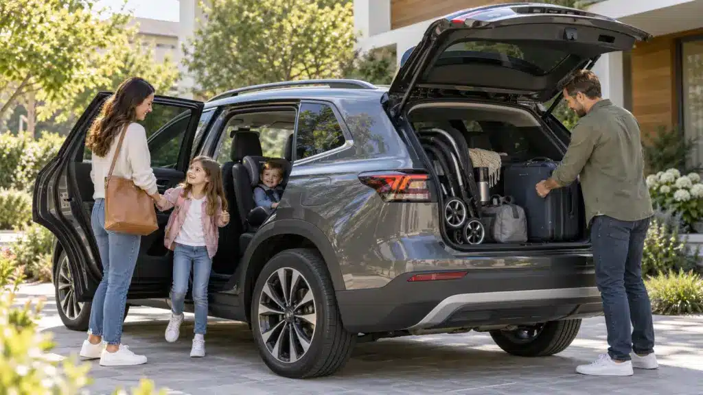 Família ao lado de SUV com porta-malas aberto preparando bagagens para viagem