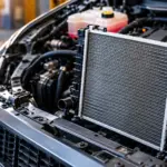 Radiador automotivo no compartimento do motor durante manutenção do sistema de arrefecimento