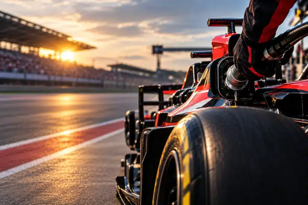 Carro de corrida sendo abastecido nos boxes de um autódromo