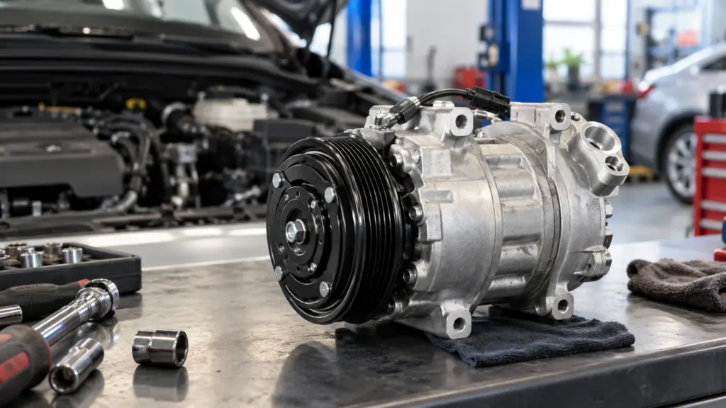 Pronto. Arquivo: compressor-do-ar-condicionado.webp ALT: Compressor do ar-condicionado automotivo sobre bancada em oficina mecânica