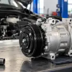 Pronto. Arquivo: compressor-do-ar-condicionado.webp ALT: Compressor do ar-condicionado automotivo sobre bancada em oficina mecânica