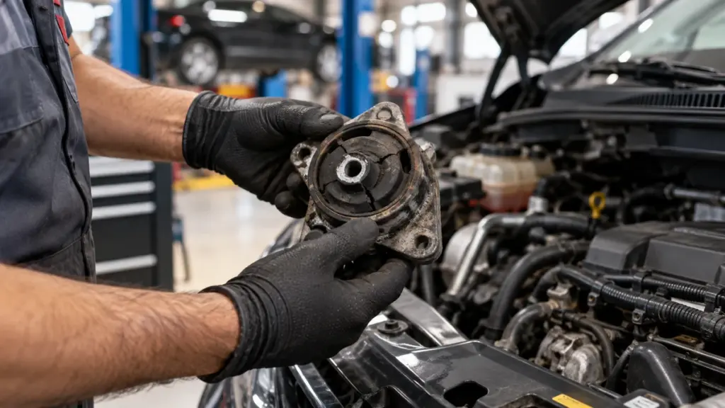 Mecânico inspecionando suporte do motor desgastado em oficina