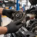 Mecânico inspecionando suporte do motor desgastado em oficina