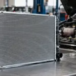 Radiador automotivo em bancada de oficina para comparação de aplicações e marcas