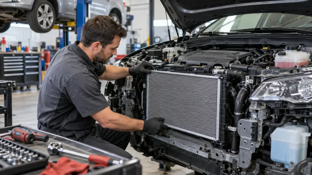 mecânico instalando radiador no carro durante manutenção em oficina