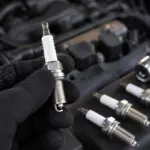 mecânico segurando vela de ignição nova durante manutenção no motor do carro