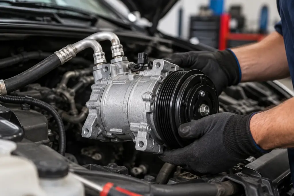 Mecânico instalando compressor do ar-condicionado automotivo no compartimento do motor