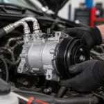 Mecânico instalando compressor do ar-condicionado automotivo no compartimento do motor