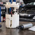 Bomba de combustível automotiva e módulo da bomba sobre bancada de oficina