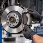 Mecânico inspecionando disco, pinça e componentes do sistema de freios do carro