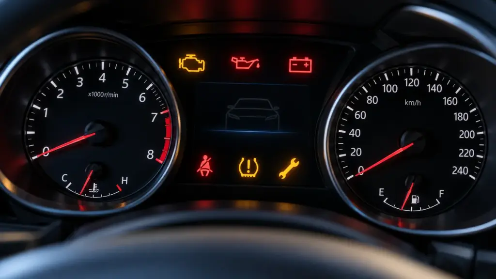 Painel de carro com diferentes luzes de advertência acesas