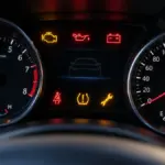 Painel de carro com diferentes luzes de advertência acesas