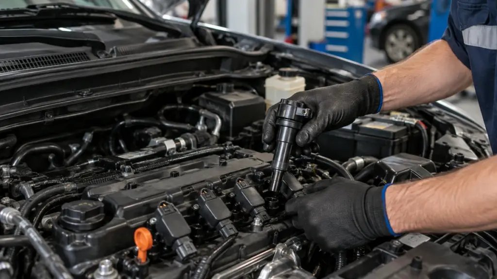 Mecânico inspecionando componentes do motor e sistema de ignição
