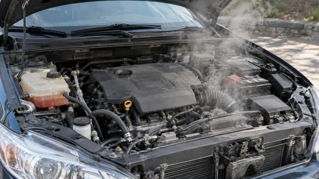 Motor de carro superaquecendo com vapor saindo do cofre do motor