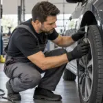 Mecânico verificando desgaste e condição dos pneus de um carro
