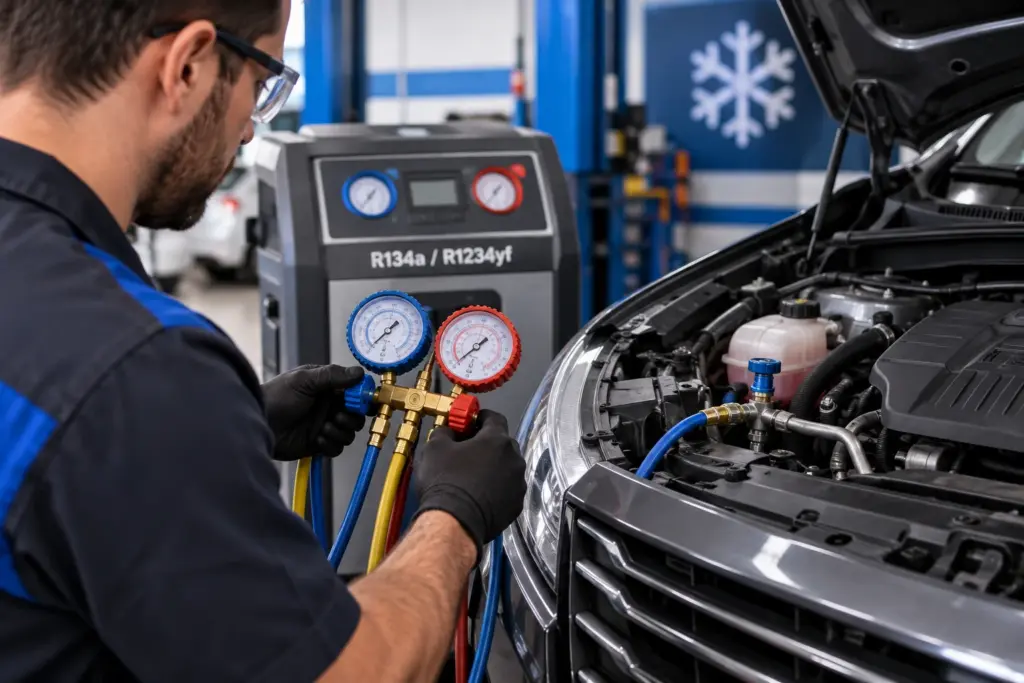 Técnico realizando manutenção no ar-condicionado automotivo