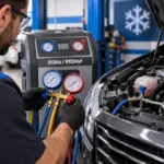 Técnico realizando manutenção no ar-condicionado automotivo
