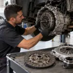 mecânico realizando a troca do kit de embreagem com o carro suspenso na oficina
