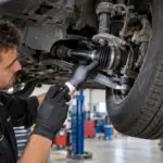 Mecânico inspecionando junta homocinética após estalos ao virar o volante