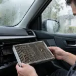 Filtro de cabine sujo sendo inspecionado com vidros do carro embaçados