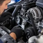 Mecânico inspecionando correia, tensor e polias do motor para identificar assobio ao acelerar