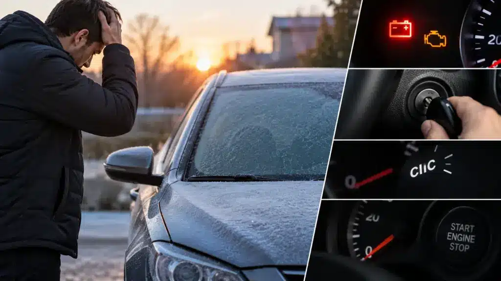 Motorista ao lado de carro que não liga pela manhã, com sinais de bateria e partida no painel