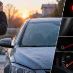 Motorista ao lado de carro que não liga pela manhã, com sinais de bateria e partida no painel