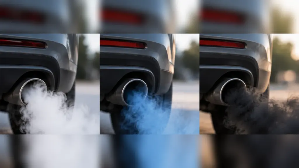 Comparação visual de fumaça branca, azul e preta saindo do escapamento de um carro