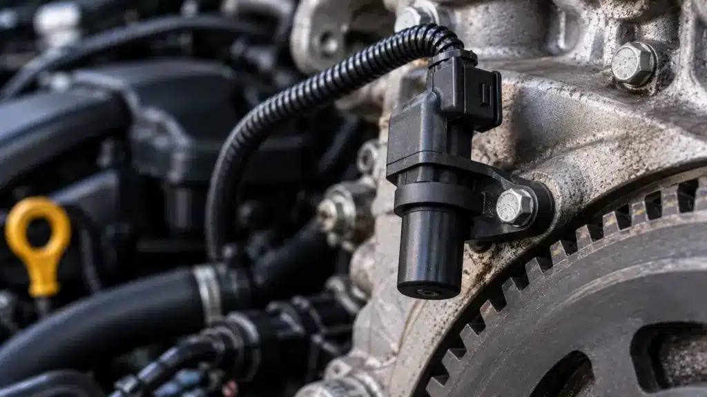 Corrigido — sem nenhum texto na imagem. Arquivo: sensor-de-rotacao-com-defeito.webp ALT: Sensor de rotação instalado próximo à roda fônica do motor