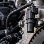 Corrigido — sem nenhum texto na imagem. Arquivo: sensor-de-rotacao-com-defeito.webp ALT: Sensor de rotação instalado próximo à roda fônica do motor