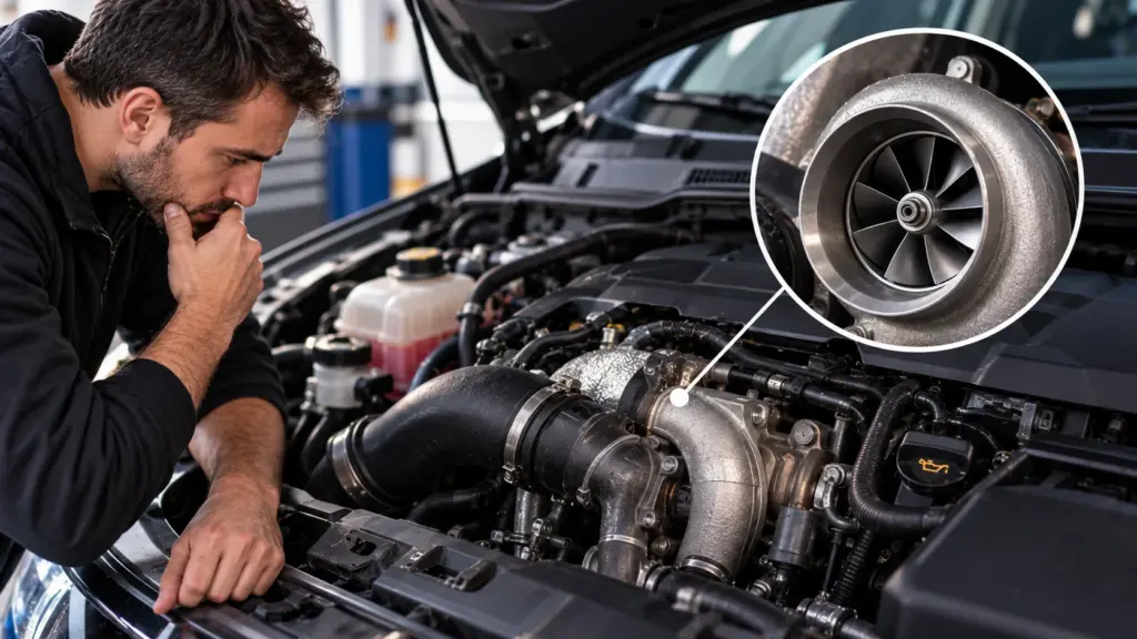 Turbocompressor em destaque no motor de um carro durante inspeção mecânica