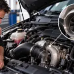 Turbocompressor em destaque no motor de um carro durante inspeção mecânica